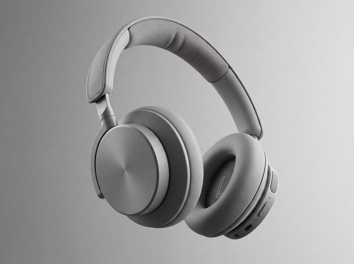 Grey CGI render of the headphones setting the camera angle