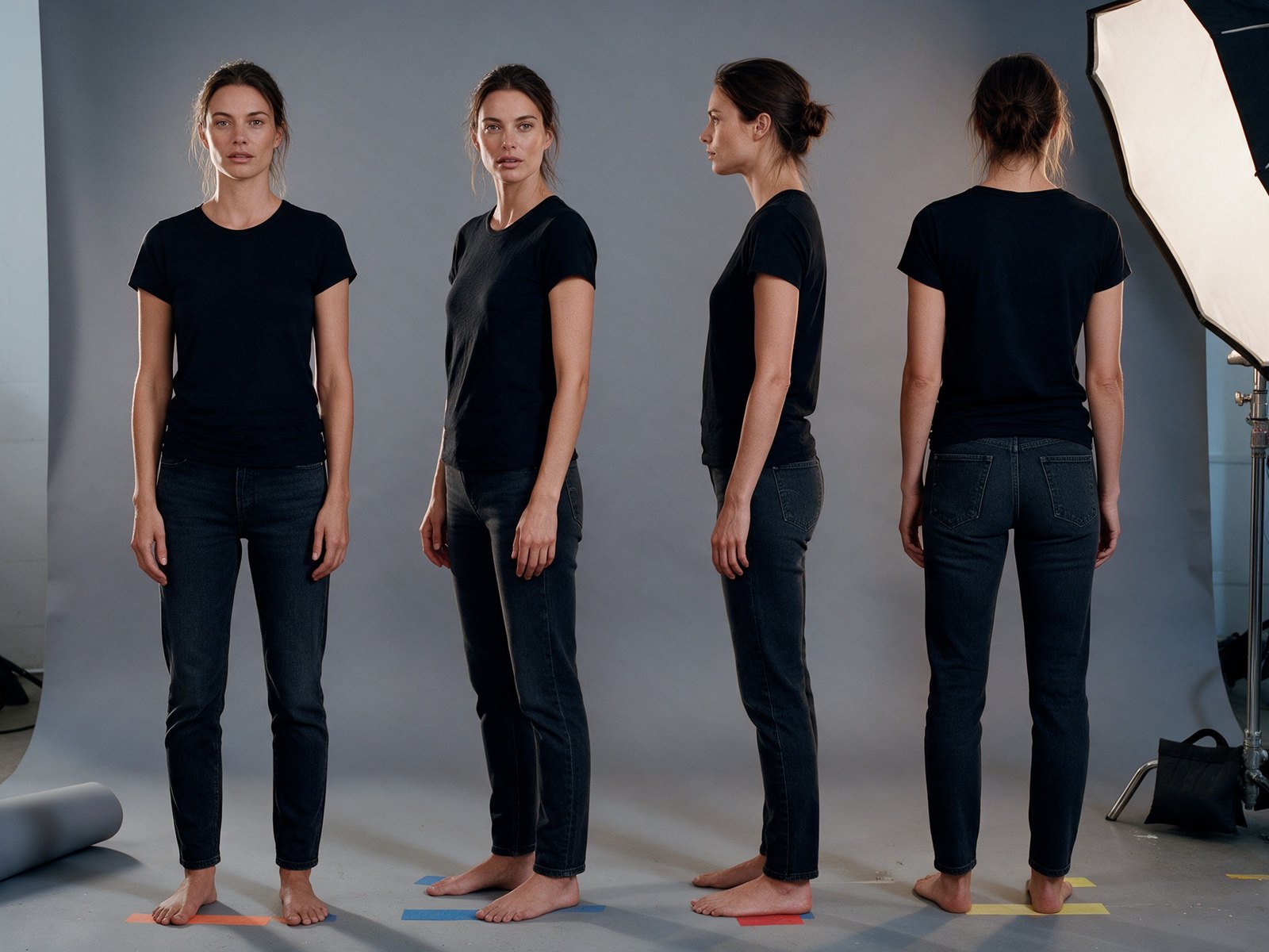 Reference capture of the model from front, three-quarter, side and back