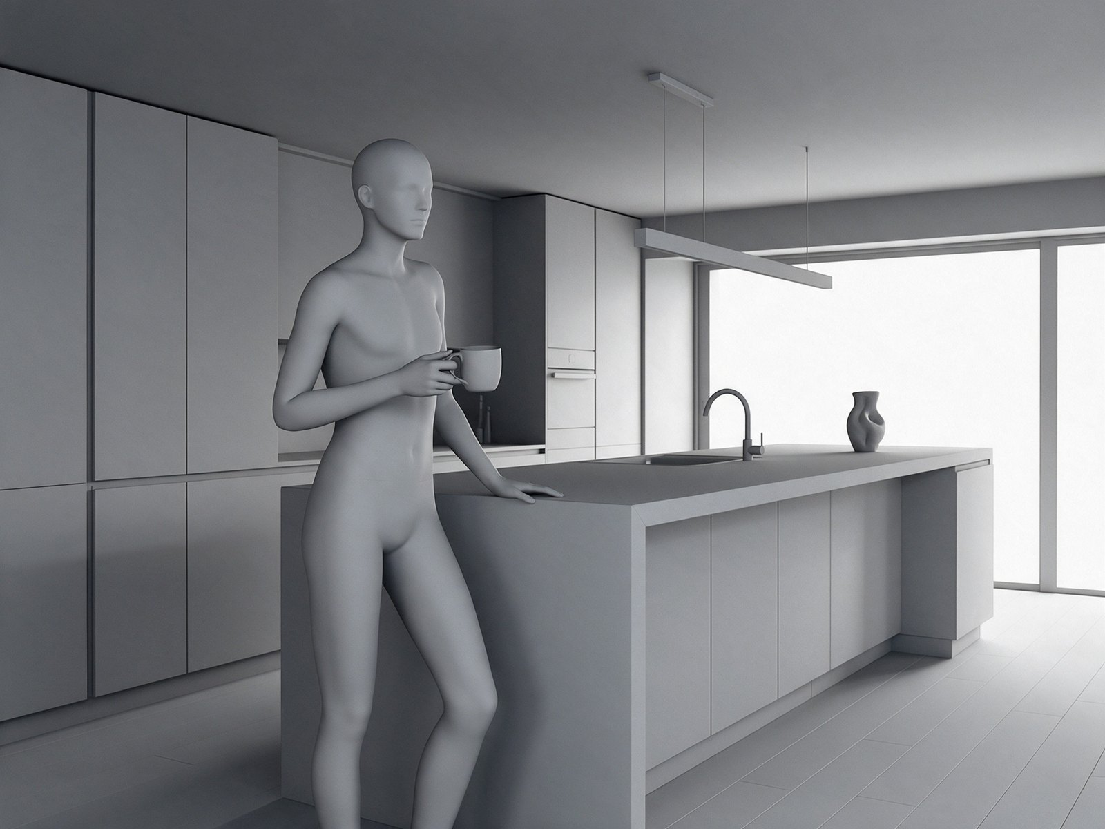 Grey 3D mannequin posed in a blocked-out kitchen set