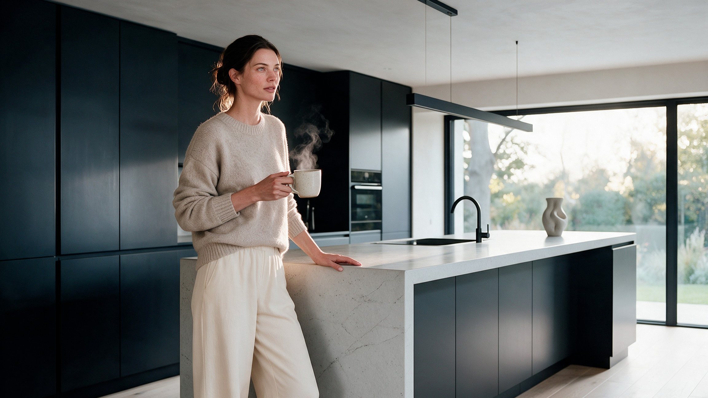 Final photoreal image of the model in a high-end designer kitchen, in the CGI pose