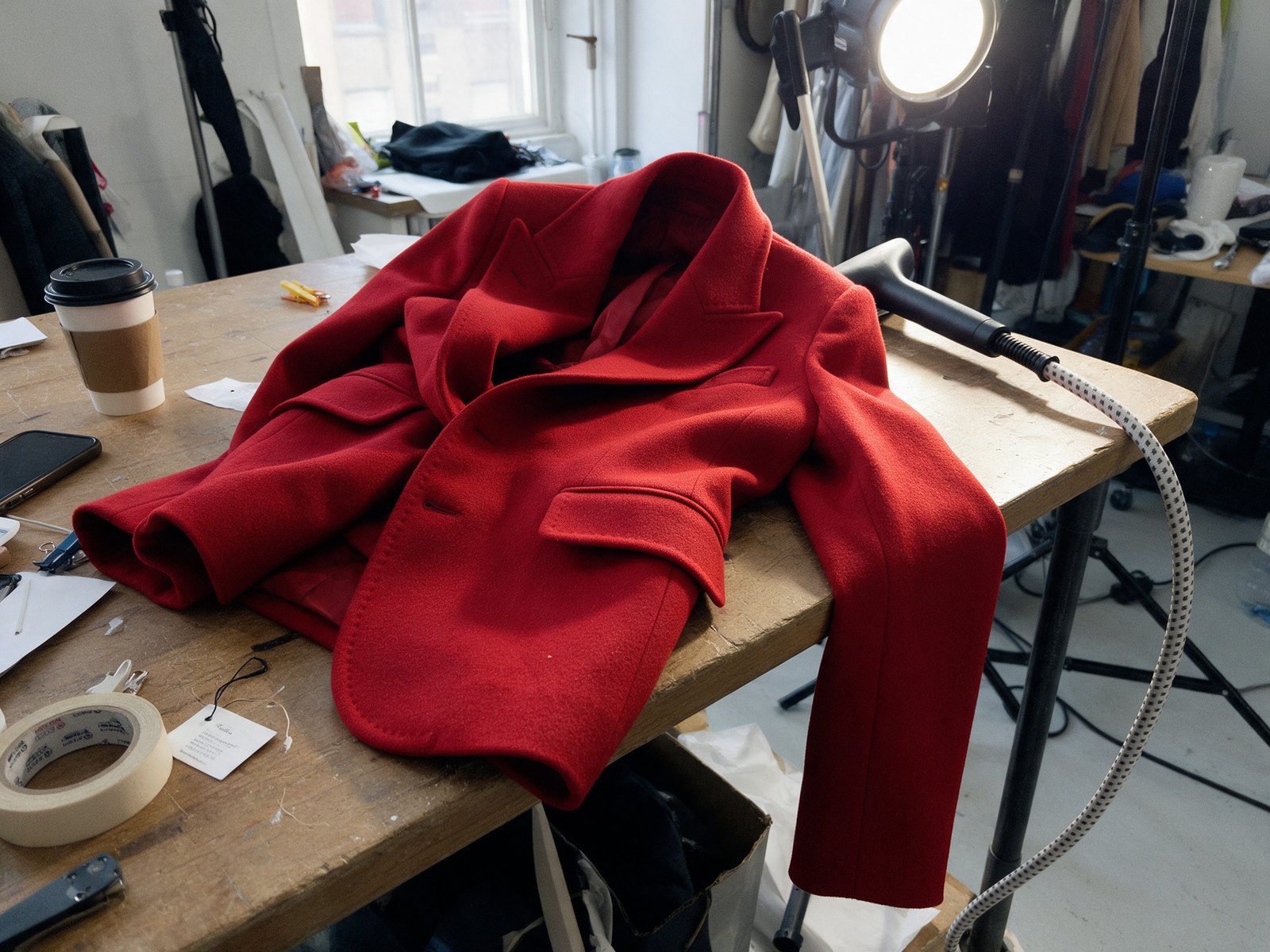 Candid snap of a red blazer thrown on a cluttered studio workbench