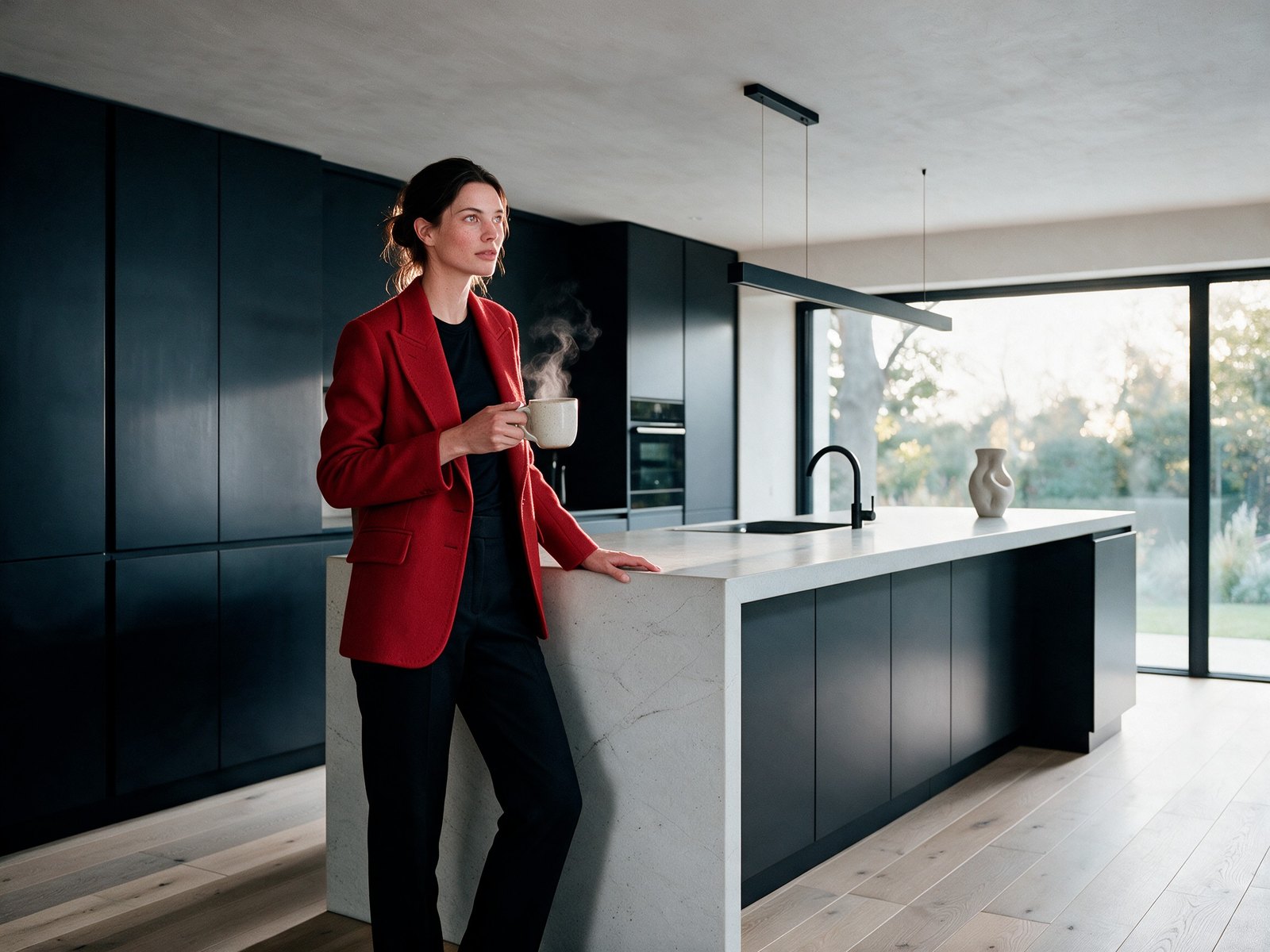 The model's digital twin wearing the red blazer in the same kitchen shot
