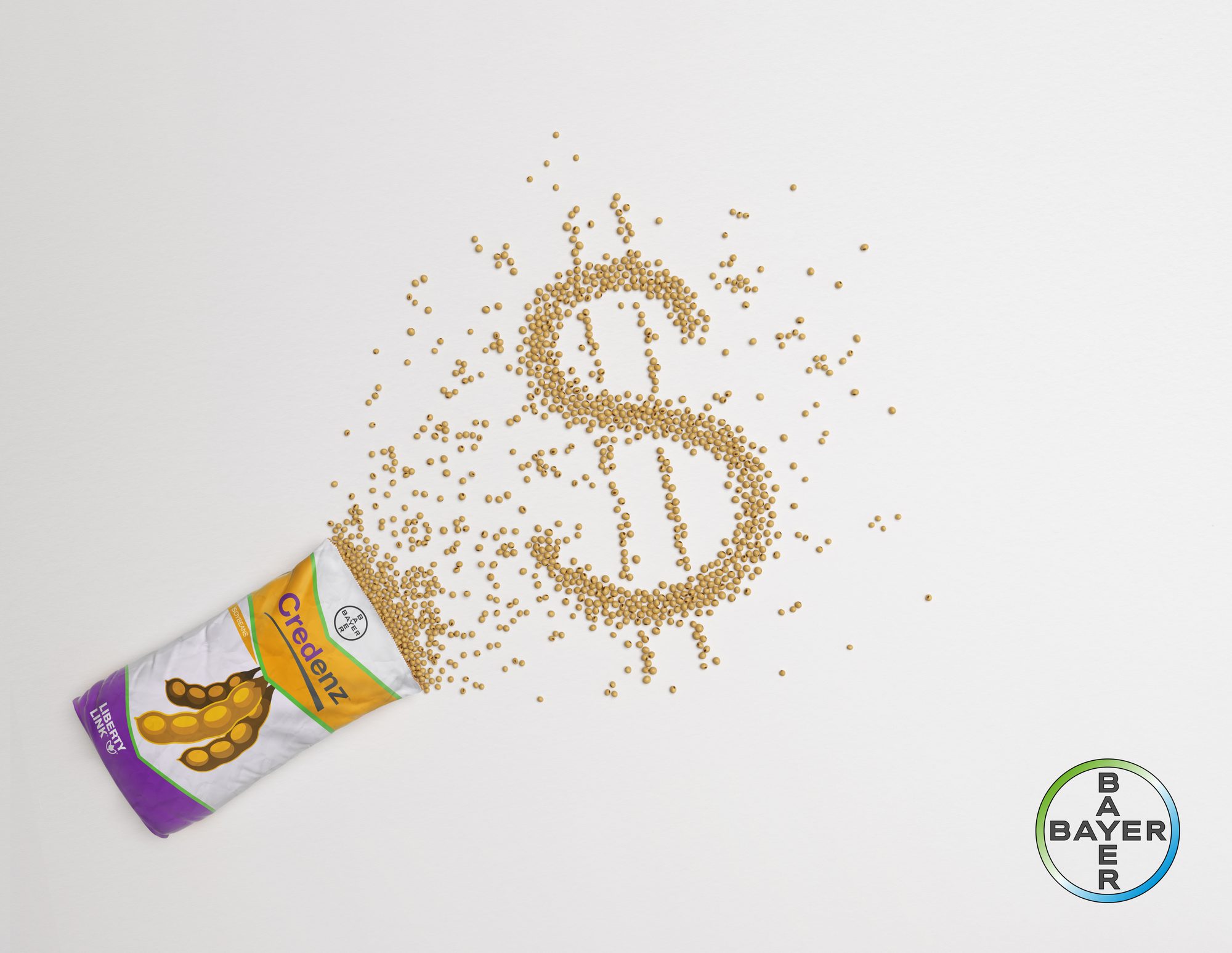 Bayer Beans: CGI seed beans poured from the Credenz sack into a dollar sign