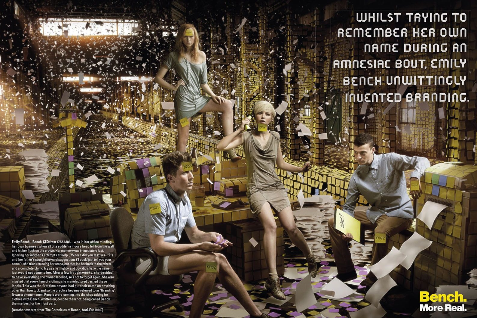 Bench campaign: models in a warehouse covered in CGI post-it notes