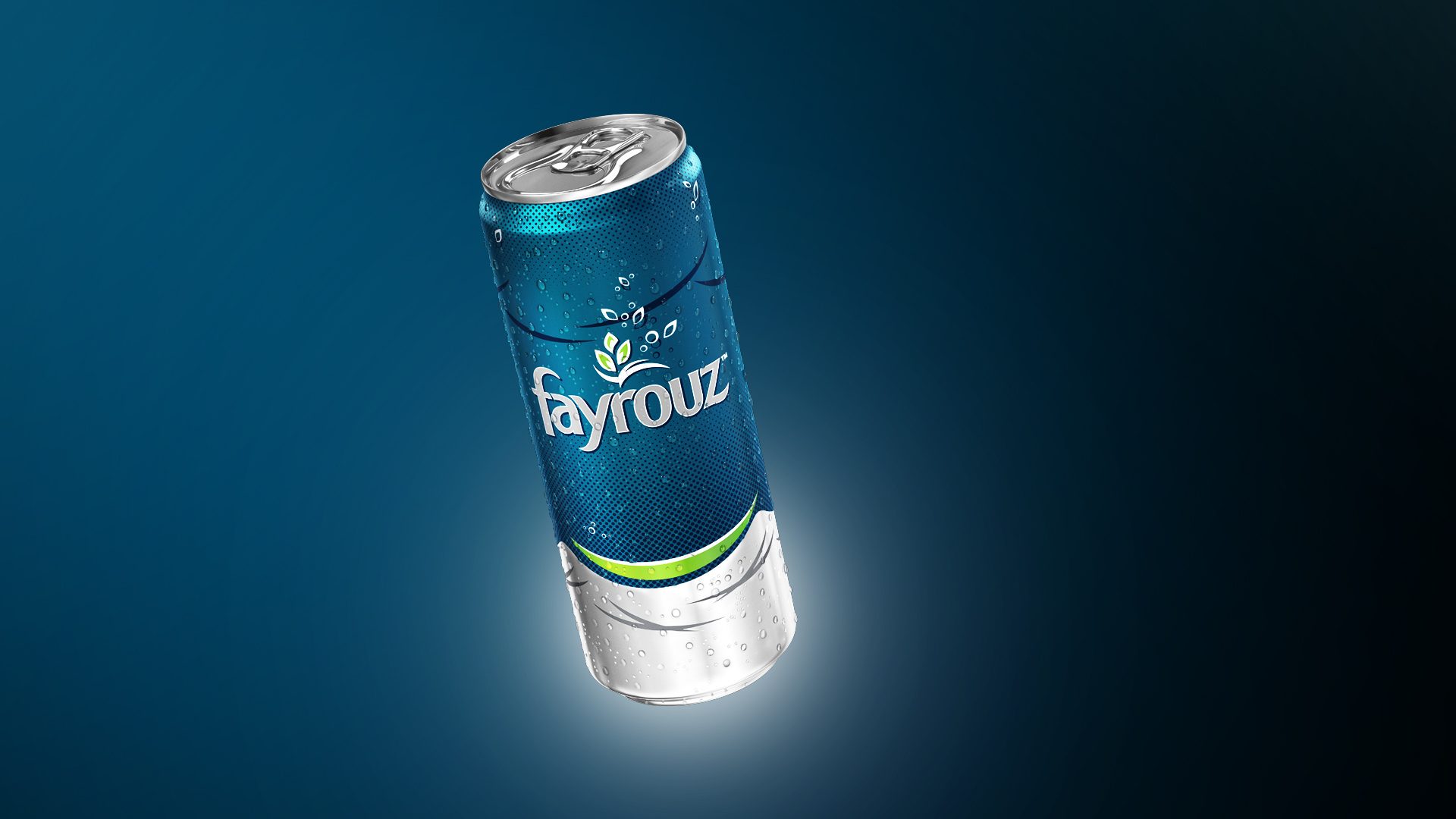 Fayrouz Drink: a CGI Fayrouz can covered in condensation, floating on a deep blue background