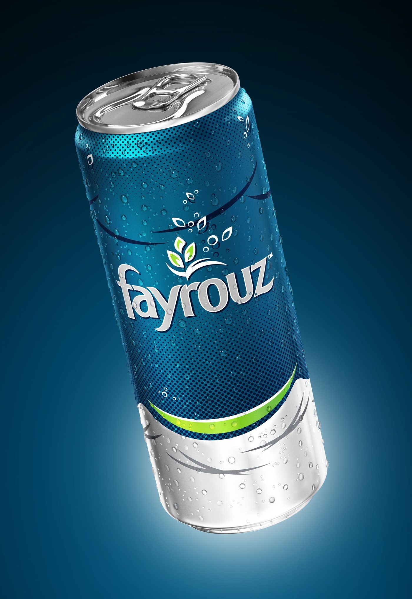 Fayrouz Drink: close portrait of the CGI can, condensation and halftone print