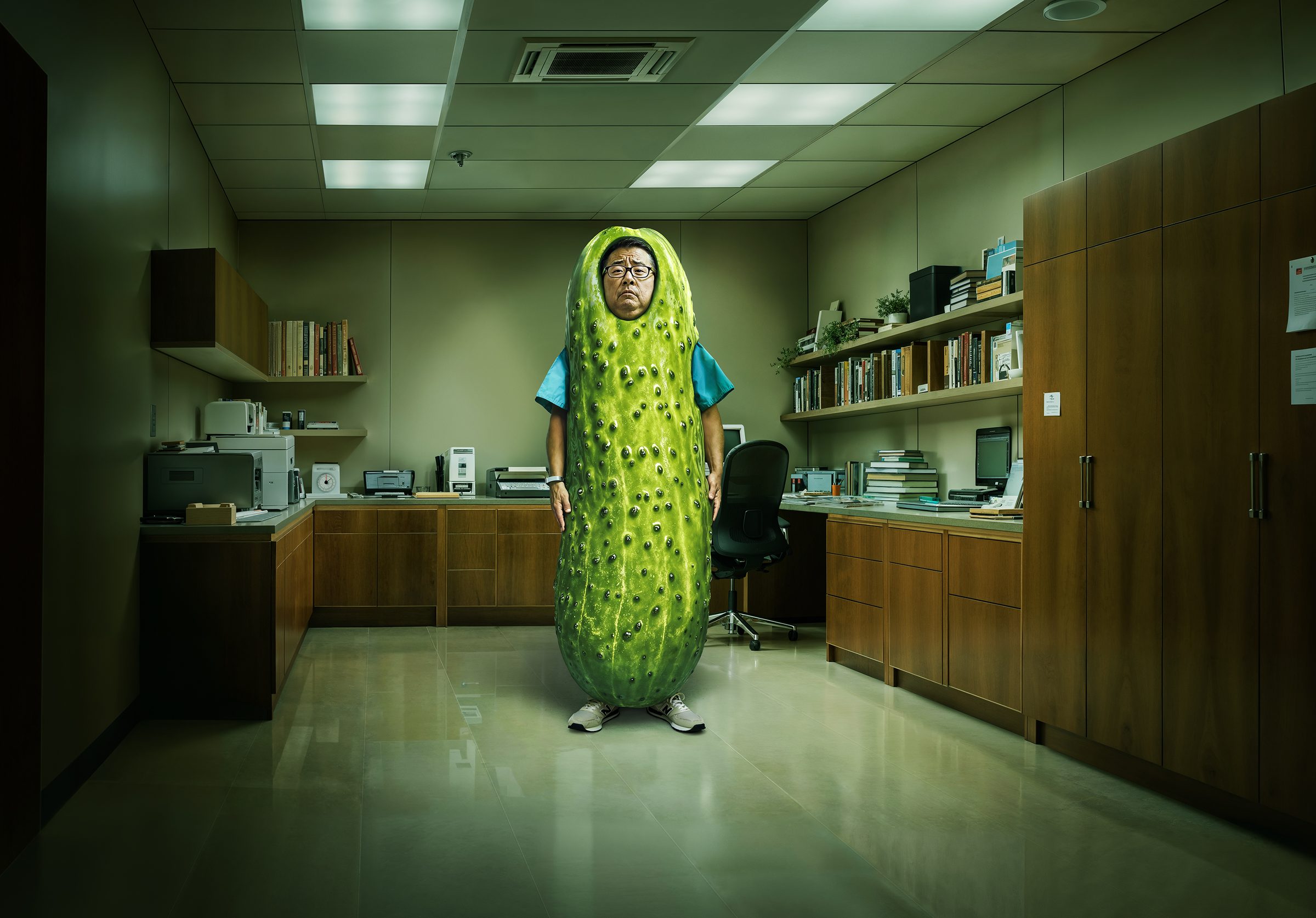 Hallmark A.i: a nurse dressed as a giant pickle standing in a hospital office