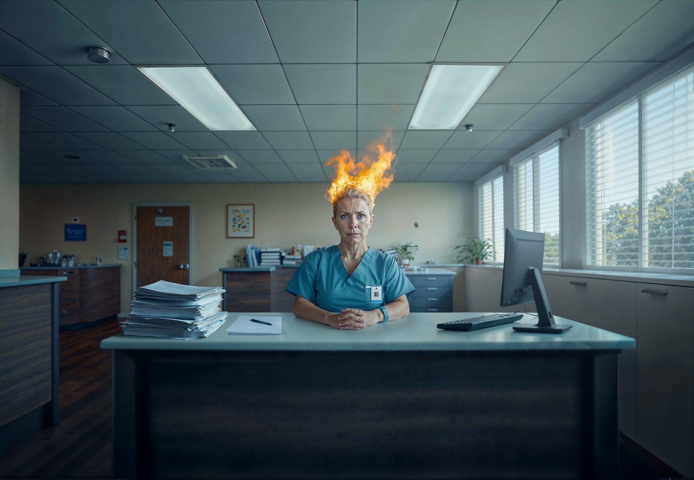 Hallmark A.i: a nurse at her desk with her hair on fire