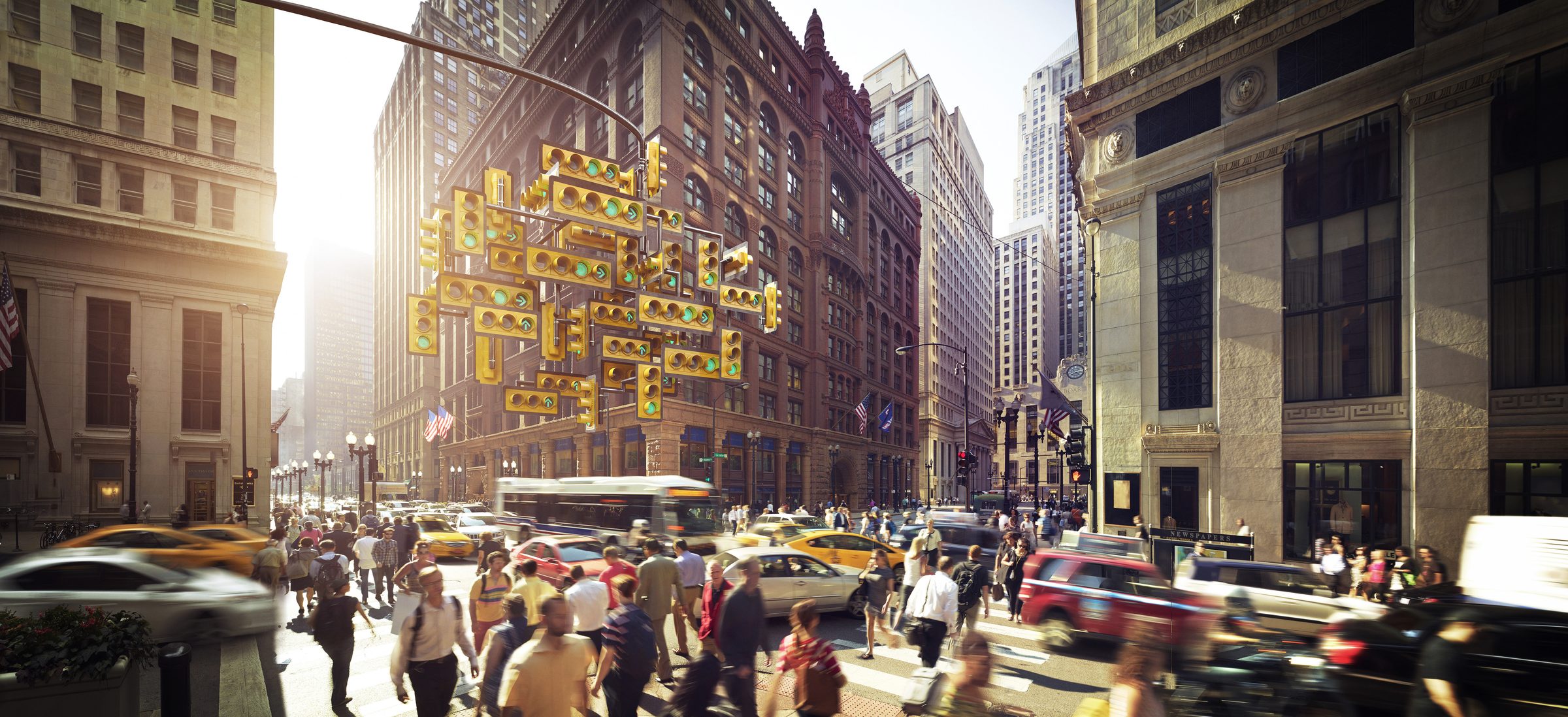 Jakafi: a bespoke CGI traffic light sculpture hanging over a busy city street