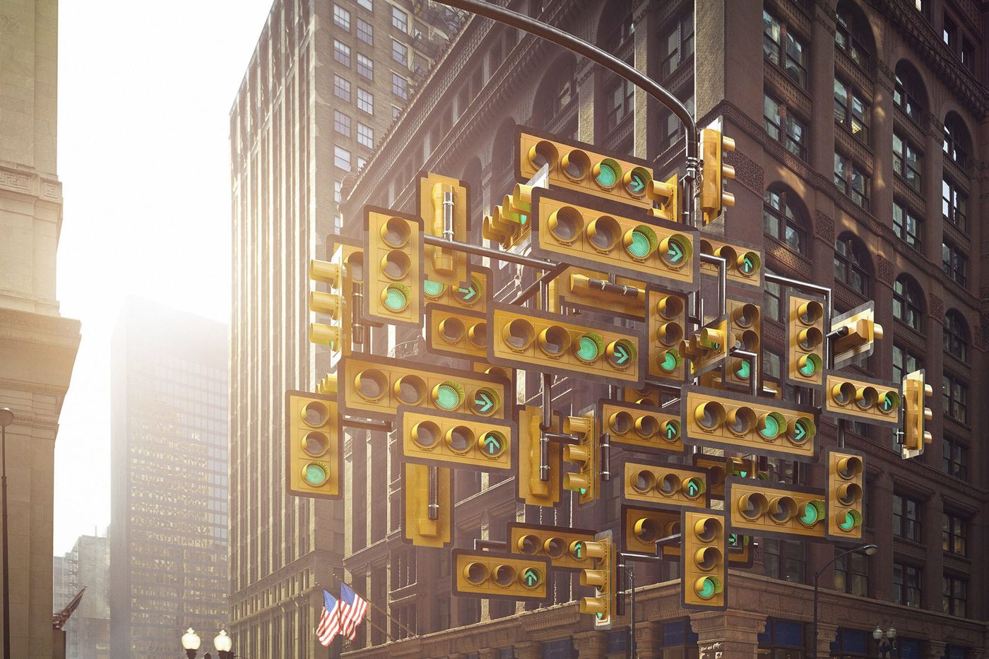 Jakafi: the traffic light sculpture against the city street, close up