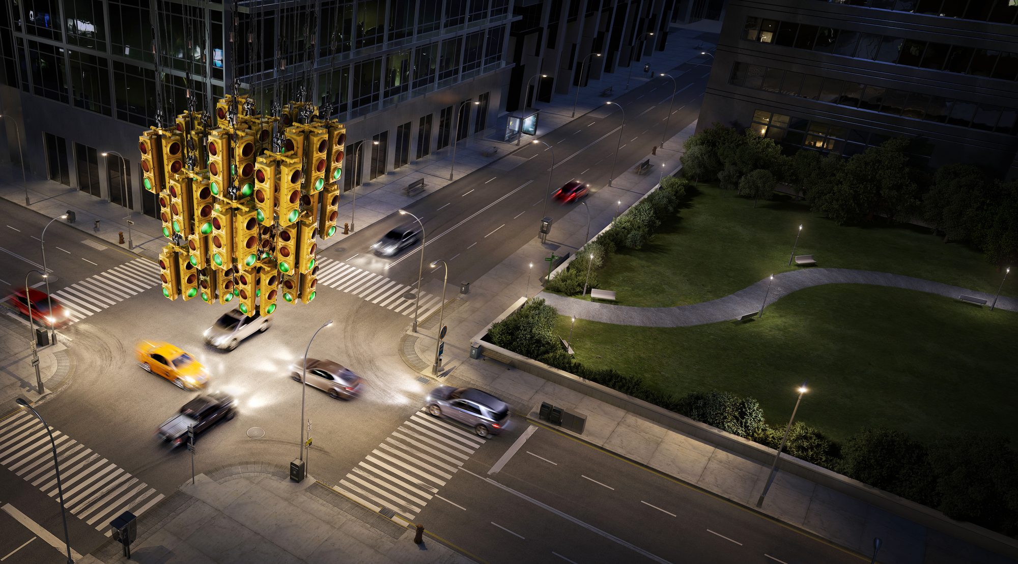 Jakafi part two: a fully CGI night-time junction with the traffic light sculpture