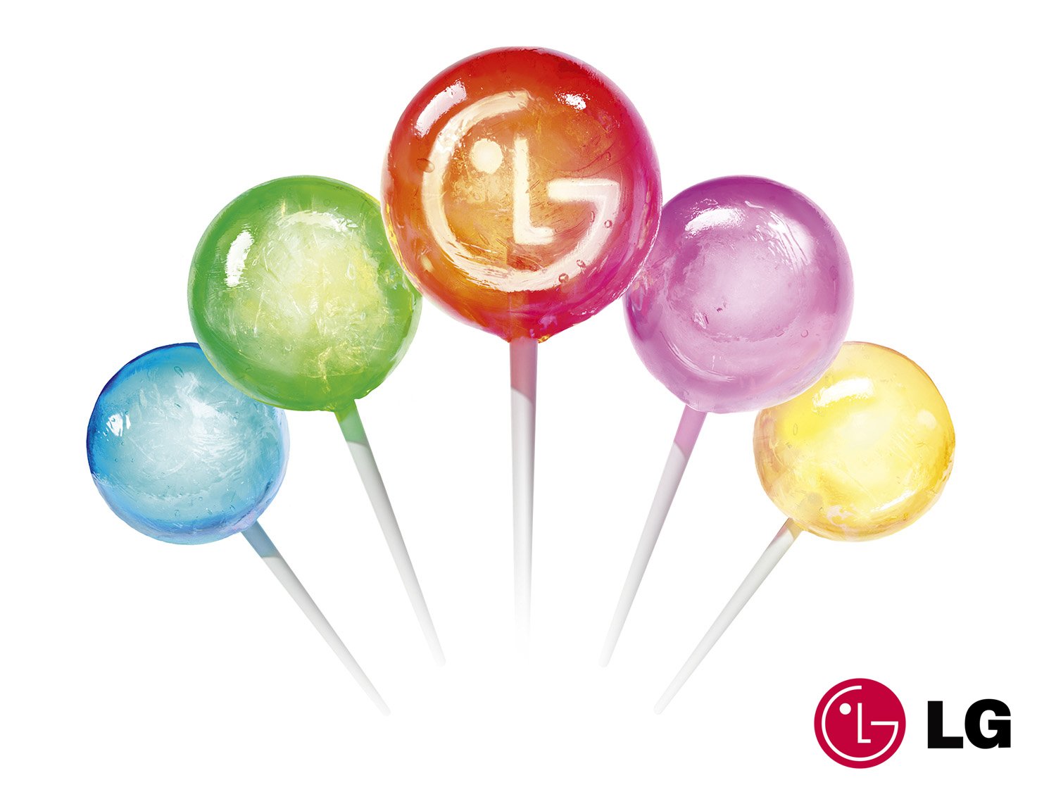 LG Lollipops: a bunch of glossy CGI lollipops in blue, green, orange, purple and yellow, with the LG logo