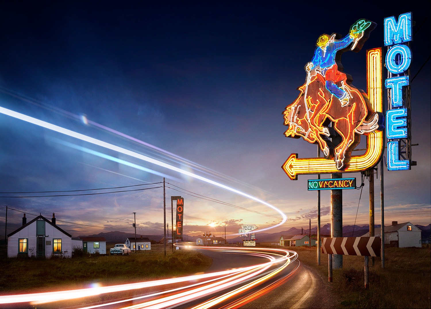 Neon Motel: a CGI bucking-bronco neon motel sign glowing over a roadside at dusk, with light trails