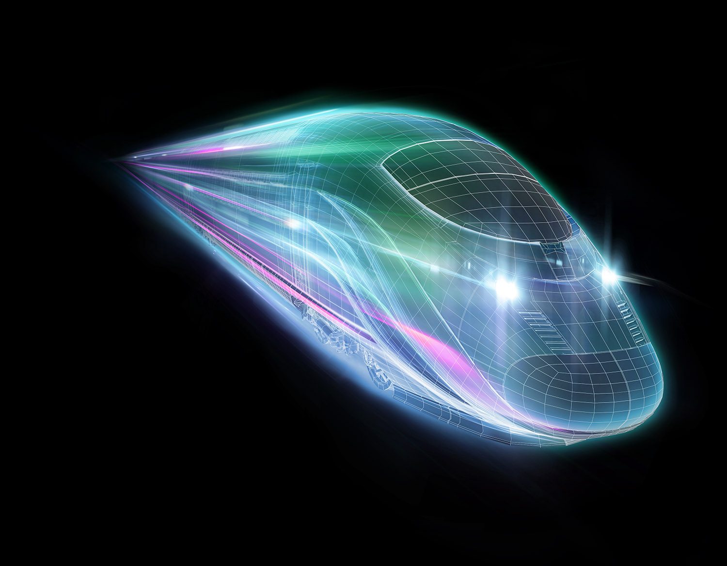 Picato Train: a CGI wireframe train racing out of the dark on trails of teal, blue and magenta light