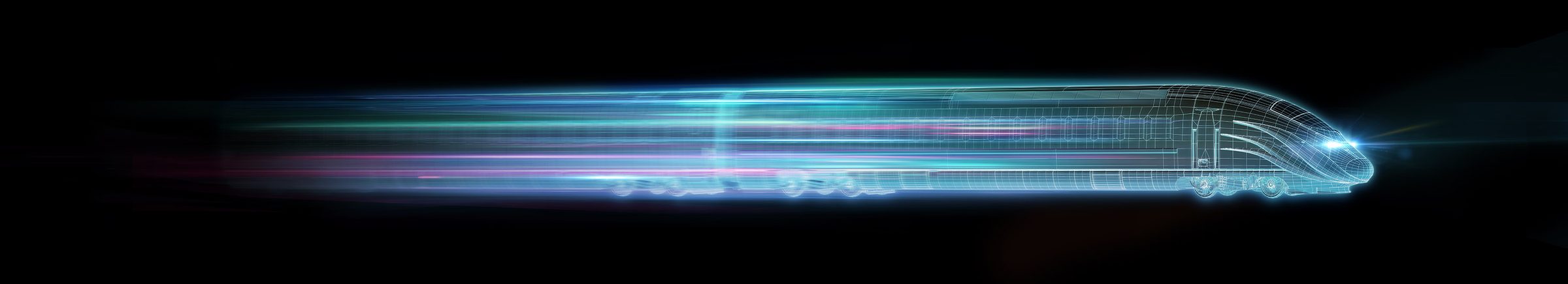 Picato Train: the CGI wireframe train streaking across the frame in light trails