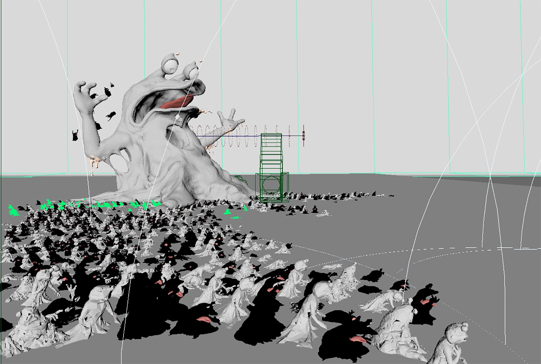Sickness Monster: Crowd layout in the viewport