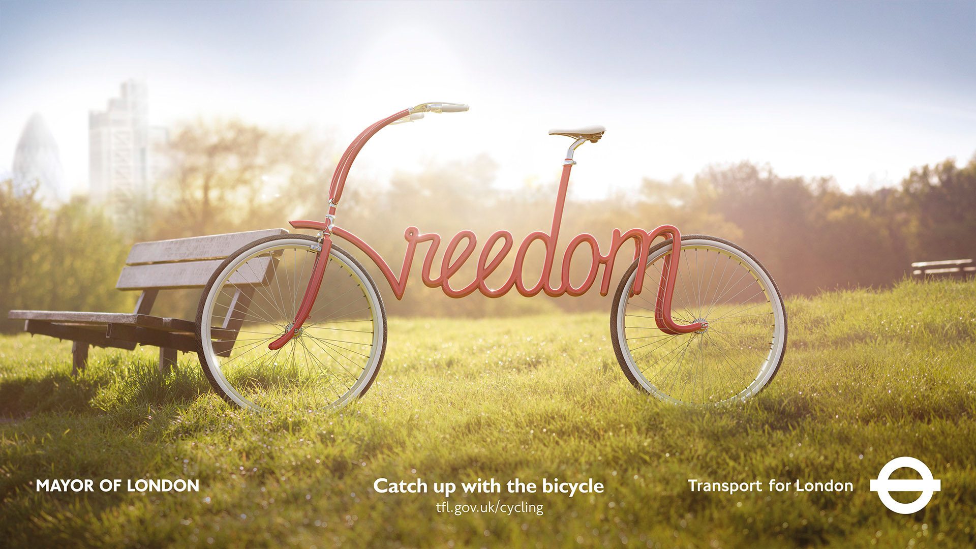 TfL Bikes: a CGI bike with its frame spelling Freedom, in a sunlit park