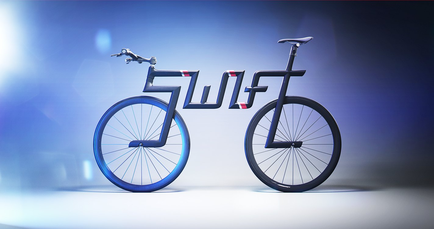 TfL Race Bike: a dark CGI race bike with its frame shaped into the word Swift, with red and white stripes, on a blue studio backdrop