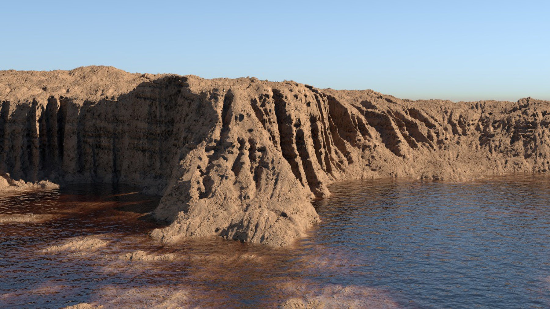 Work-in-progress render of a river cutting through eroded cliffs