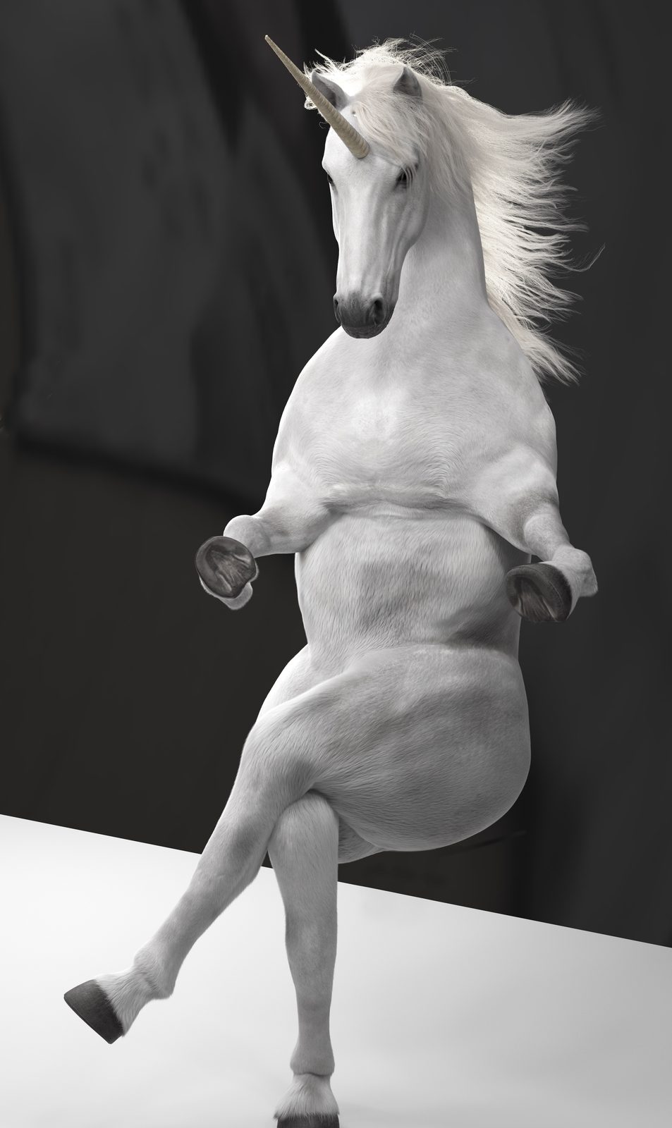 Rydapt: the CGI unicorn posed sitting cross-legged, before the train comp