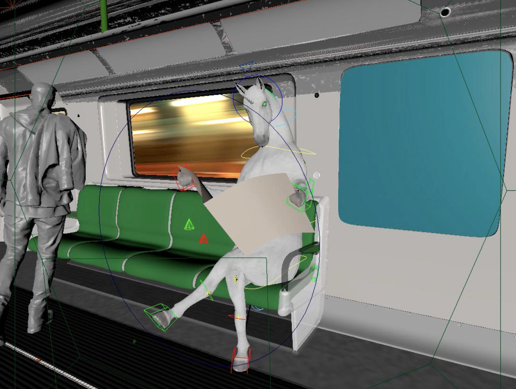 Rydapt: the rigged CGI unicorn posed in the CGI train interior, Maya viewport