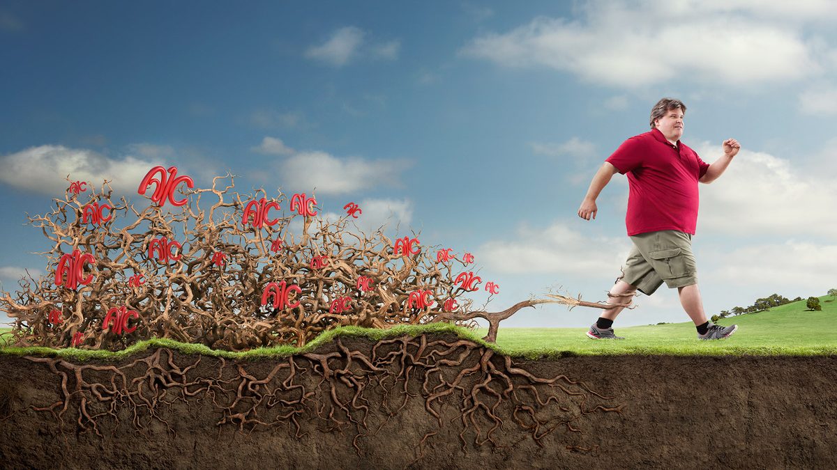Victoza Roots: a man walks away from the CGI roots and A1C letters