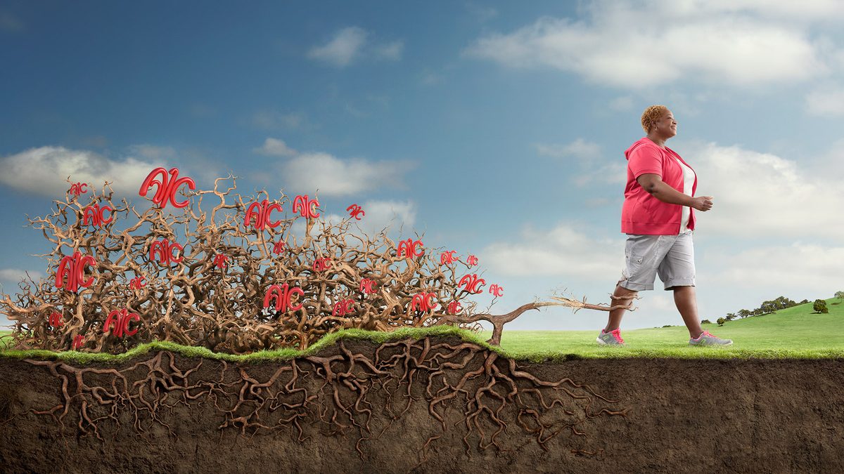 Victoza Roots: a woman walks away from the CGI roots and A1C letters