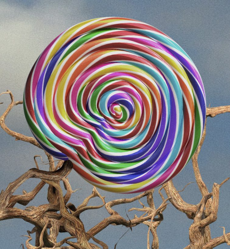 Victoza Roots: a CGI swirl lollipop caught in the roots