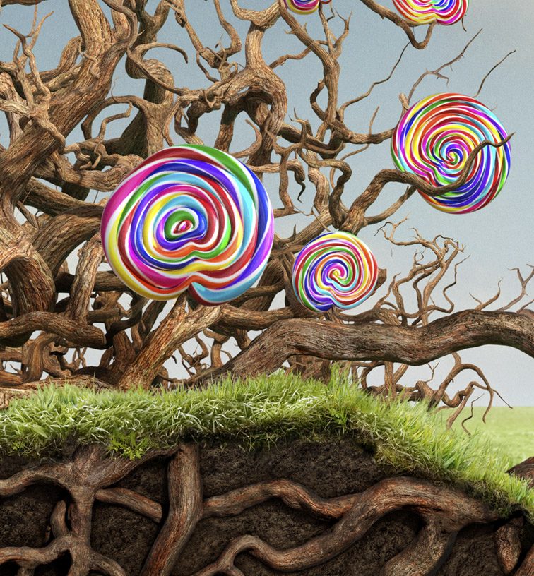 Victoza Roots: CGI lollipops, roots and the cut-away soil