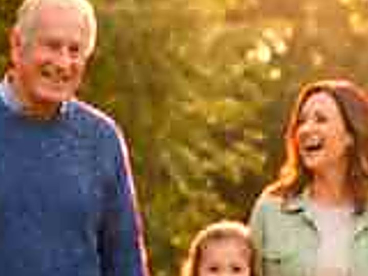 Low-resolution AI image of a family on a park walk: soft, waxy and blocky