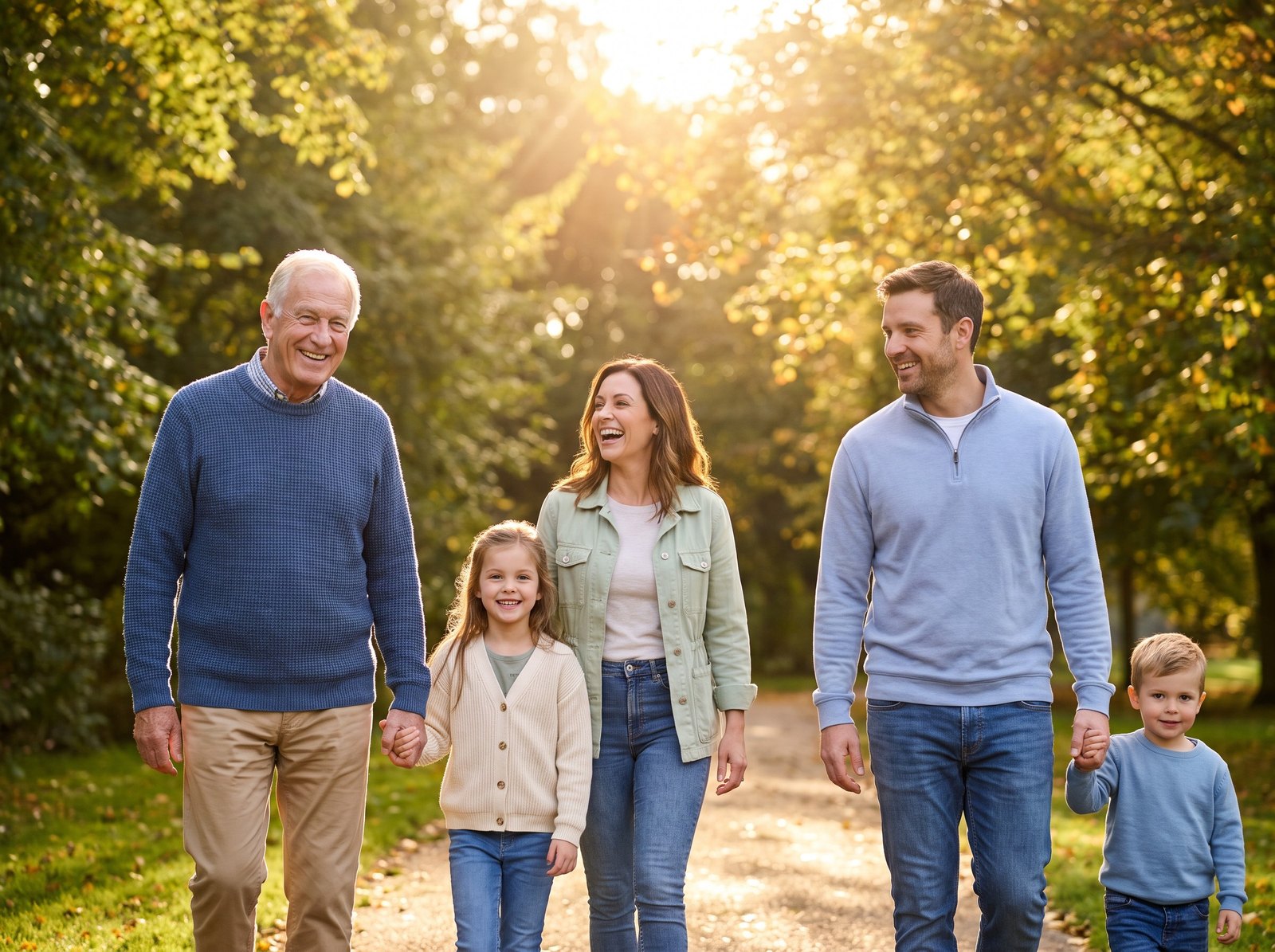 Final retouched campaign image of the family walking in the park